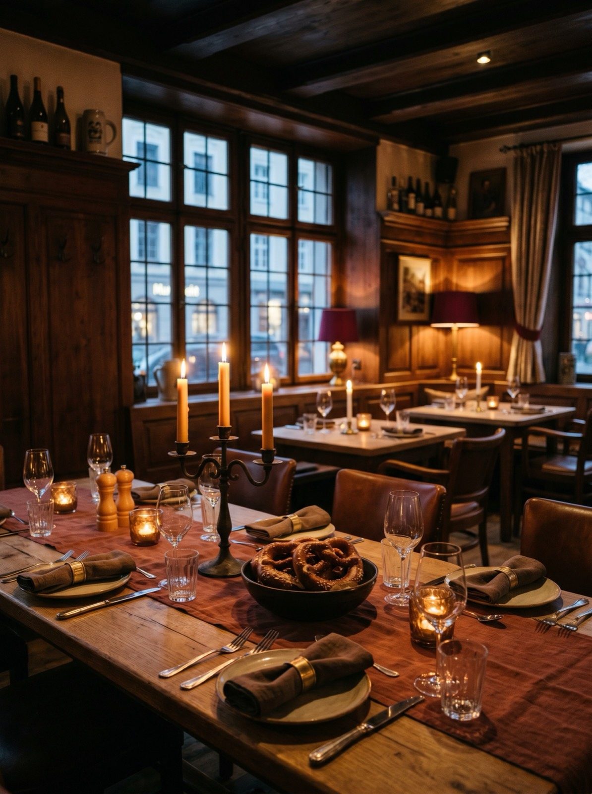 Gemütlicher Gastraum des Wirtshaus Felsner mit Kerzenlicht und dunkler Holzvertäfelung
